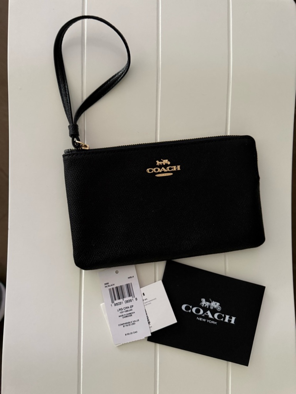 Coach Black Pebbled Leather Zip Wristlet with Gold Logo - Picture 4 of 6